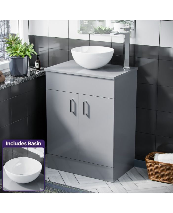 Onken 500mm Light Grey Vanity Cabinet And Round Bowl Counter Top Basin Sink Unit - Bathroom Sink With Storage Grey