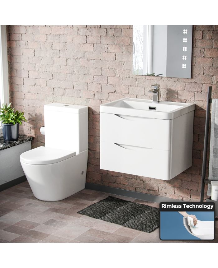 Lyndon Modern White Basin Sink Vanity, Wall Hung Sink Vanity Unit Toilet Package