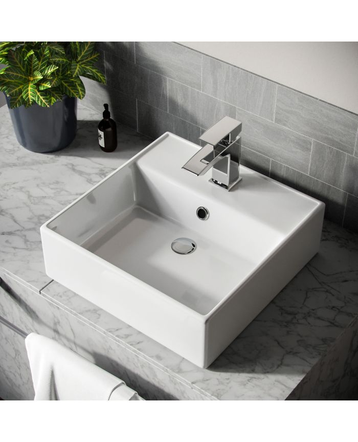 Basin Sink Square Countertop Cloakroom Bathroom with Tap and Waste 480mm x 370mm 