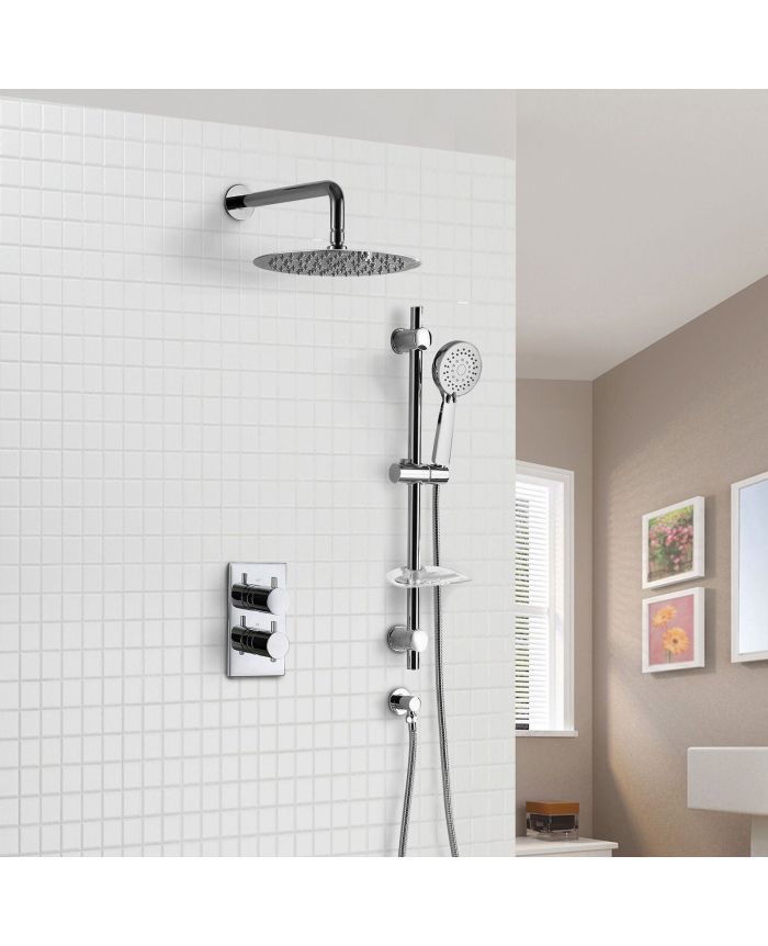 Bathroom Concealed Thermostatic Shower Mixer Slim Head Adjustable Rail Handset 