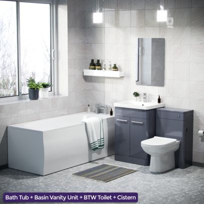 Afern 3-Piece Bathroom Suite Steel Grey comes with 600mm Vanity Basin Cabinet, WC Unit, Back To Wall Toilet & Straight Bath
