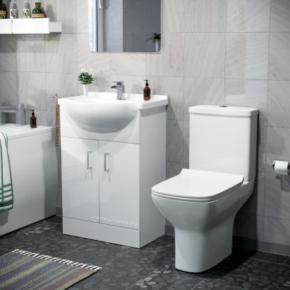 Dyon 550mm Floor Standing Basin Vanity Unit White & Rimless Close Coupled Toilet White