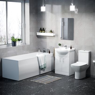 Abermule Bathroom Basin Flat Pack Vanity Unit, Toilet and Bath Suite White