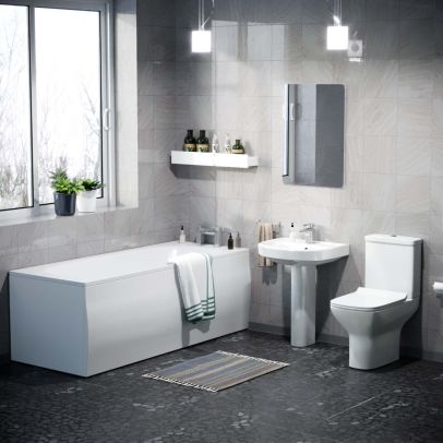 Warton Rimless Close Coupled Toilet, Full Pedestal Basin and Round Bath Tub Suite White