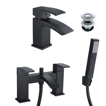 Arke Modern Design Matte Black Basin Mixer Tap And Bath Shower Mixer Tap With Handset Kit And Basin Waste