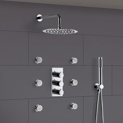 Flora Round Concealed Thermostatic Shower Valve With Shower Head Body Jets And Slim Pencil Handset Kit