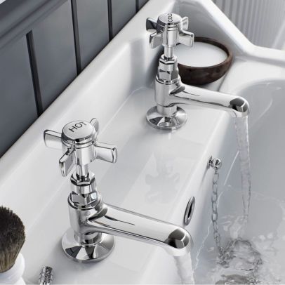 Edwardian Traditional Cross Head Chrome Hot & Cold Twin Basin Taps