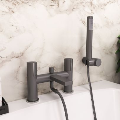 Arte Deck Mounted Handleless Bath Shower Mixer Matt Grey with Handset and Adjustable Holder 