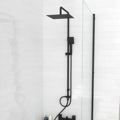 Kinver Modern Exposed Square Shower Mixer Handset & Riser Rail Kit Matte Black