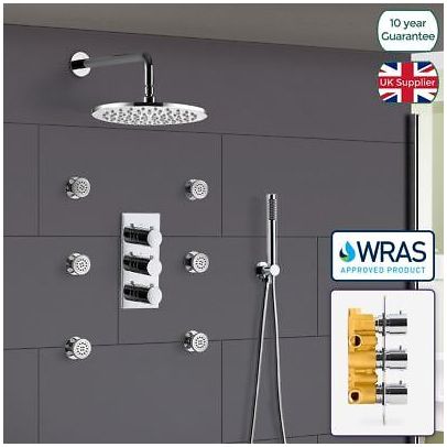 Modern Three-Dial Three-Way Concealed Thermostatic Valve With Shower Head Pencil Handset And Body Jet Kit