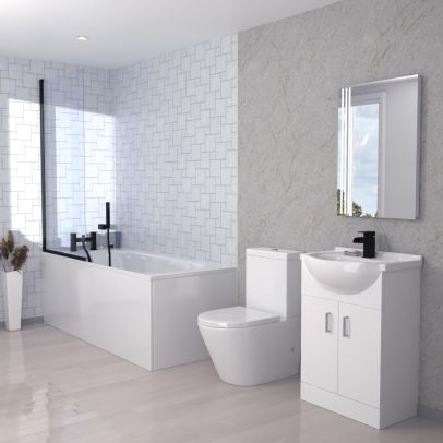 Magna Modern Bathroom Suite 600mm Basin Vanity Unit, Bath, Toilet and Shower Screen