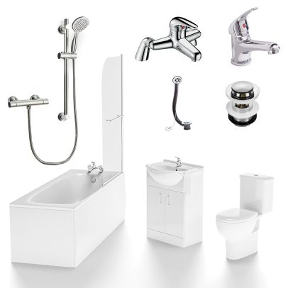 Ambon 1700mm Bath and Screen, Basin Flat Pack Vanity Unit, Close Coupled Toilet, Mono and Shower Mixer Taps & Wastes White