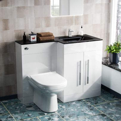 Aric RH 1100mm Vanity Basin Unit, WC Unit & Elso Back to Wall Toilet White with Black Basin