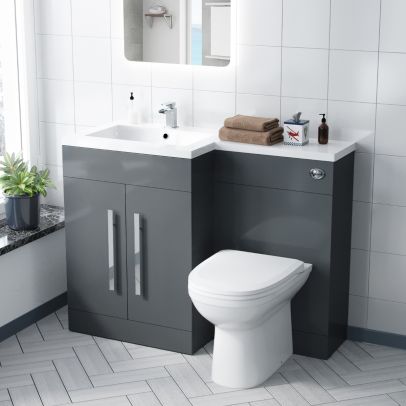 Aric LH 1100mm Flat Pack Vanity Basin Unit, WC Unit & Welbourne Back To Wall Toilet Grey