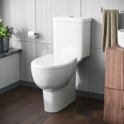 Amber Rimless Close-Coupled WC Toilet Pan and Soft Close Seat with Dual Flush