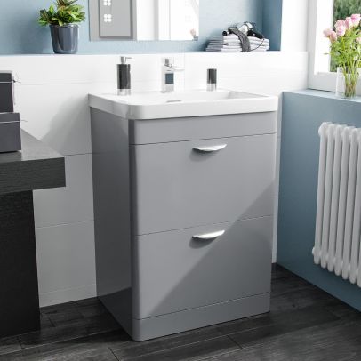 Quickely 600mm 2 Drawer Light Grey Freestanding Vanity Cabinet With Basin Sink