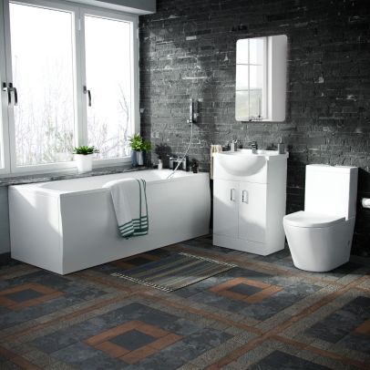 Marovo 1700mm Bath, 550mm Vanity Basin Unit, Rimless Close Coupled Toilet, Mono Mixer, Bath Mixer & Wastes White