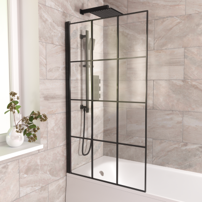 800mm Square Bath Screen Black Profile With Grid Glass Reversible | Sheen