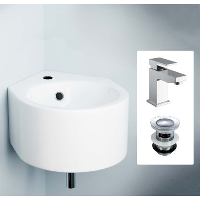 Corner Wall Hung Bathroom 300 x 435mm Cloakroom Ceramic Basin, Raldo Bathroom Cloakroom Basin Mixer Tap & Basin Waste