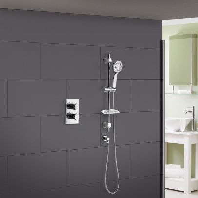 Lily 2 Dial 1 Way Round Concealed Thermostatic Mixer Valve, Slider Rail & 3 Mode Handset Chrome