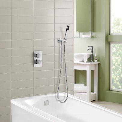 Lily 2 Dial 2 Way Square Concealed Thermostatic Mixer Valve, Handset & Bath Filler Chrome