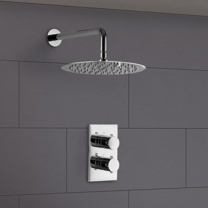Lily 2 Dial 1 Way Round Concealed Thermostatic Mixer Valve & Thin 200mm Round Shower Head Chrome