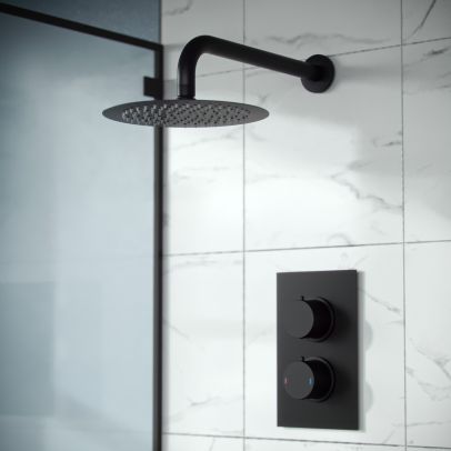 Porto Concealed Thermostatic Overhead 200mm Rainfall Shower Mixer Set Matte Black 