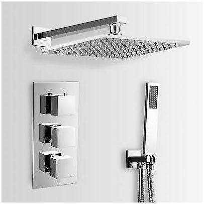 Lilly 3 Dial 2 Way Square Concealed Thermostatic Mixer Valve, Handset & Square Shower Head Chrome