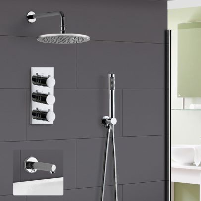 Lilly 3 Dial 3 Way Round Concealed Thermostatic Mixer Valve, Bath Spout, Slim Round Handset & Round Shower Head Chrome