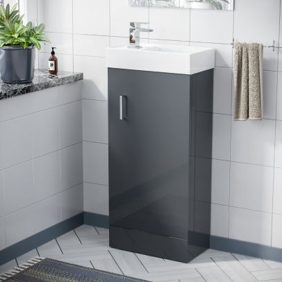 Nanuya 400mm Cloakroom Vanity Basin Unit, Waterfall Mono Mixer Tap & Waste Dark Grey 