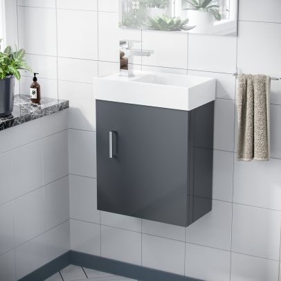 Nanuya 400mm Cloakroom Wall Hung Basin Vanity Unit, Basin Mixer Tap & Waste Dark Grey 