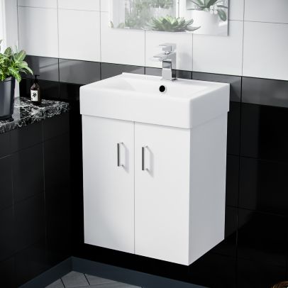 450mm White Ceramic Basin Vanity MDF Cabinet Bathroom Wall Hung Unit | Nanuya