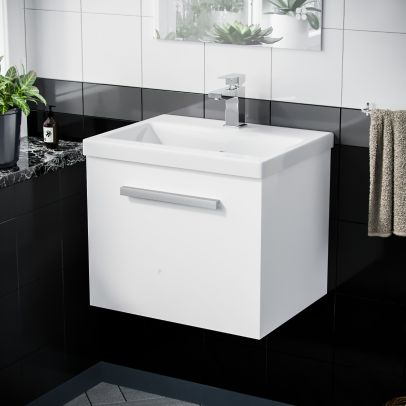 Wall Hung 500mm 1 Drawer Vanity Cabinet and Basin Gloss White		