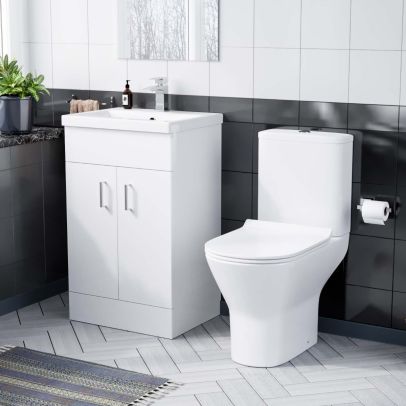 500mm Floorstanding White Basin Vanity & Rimless Close Coupled Toilet Flat Pack