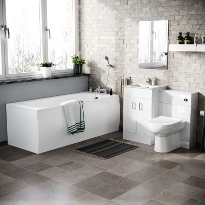 Nanuya 1700mm Bath, Basin Vainty , WC Unit, Back to Wall Toilet, Shower and Mono Mixer & Wastes White 