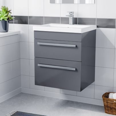 Nanuya Wall Hung Vanity Unit 2 Drawer Cabinet 500mm with Ceramic Sink Basin Steel Grey