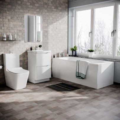 Lyndon 1700mm Bath, 500mm Flat Pack Vanity Basin Unit & Modern Rimless Toilet White