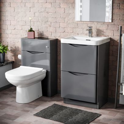Lyndon 500mm 2 Drawer Vanity Basin Unit, WC Unit & Elso Back to Wall Toilet Steel Grey