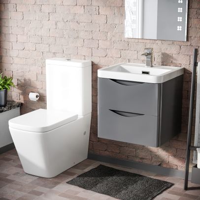 Lyndon 500mm Wall Hung Vanity Basin Unit & Square Rimless Close Coupled Toilet Steel Grey 