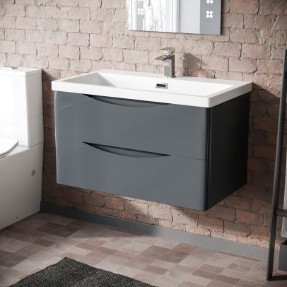 Lyndon | Modern 800mm MDF Grey Wall Hung Drawer & Resin White Basin Sink Vanity