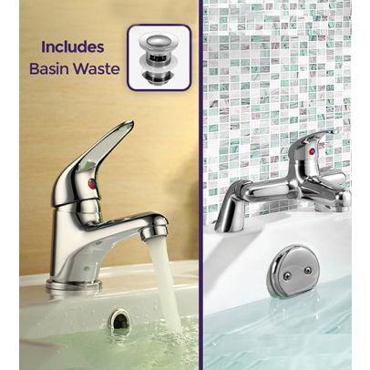 Studio Modern Chrome Bathroom Basin Mono Mixer Tap & Deck Mounted Bath Filler Tap & Waste