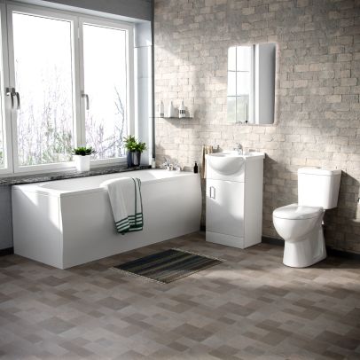 Memphis 3-Piece Bathroom Suite White - Close Coupled Toilet, 450mm Basin Vanity Unit and Round Bath Tub 