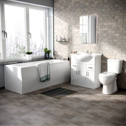 Memphis 3-Piece Bathroom Suite White - Close Coupled Toilet, 750mm Basin Vanity Unit and Round Bath Tub 