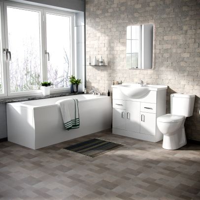 Memphis 3-Piece Bathroom Suite White - Close Coupled Toilet, 850mm Basin Vanity Unit and Round Bath Tub 