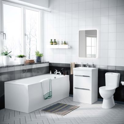 Ambon 1700mm Bath, Close Coupled Toilet & 500 mm 2 Drawer Vanity Basin Cabinet