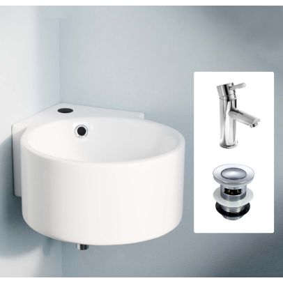 Corner Wall Hung Bathroom 300 x 435mm Cloakroom Ceramic Basin, Marc Round Bathroom Cloakroom Basin Mini Mixer Chrome Tap & Basin Waste