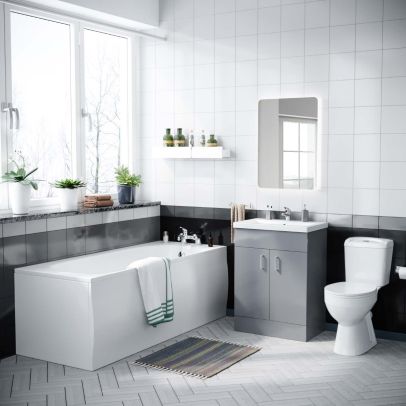 Nanuya 1700mm Bath, WC Toilet & 600 mm Light Grey Flat Pack Vanity Cabinet 