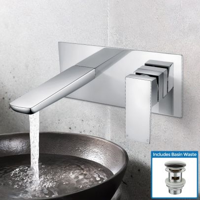 Astra Modern Chrome Wall Mounted Concealed Basin Mixer Tap +  Waste 