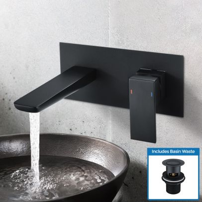 Astra Modern Style Matte Black Wall Mounted Concealed Basin Mixer Tap & Free Basin Waste