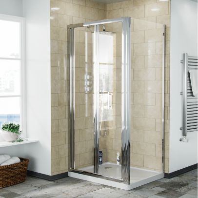 Bi-Folding  760 mm Glass Shower Door with 900 Frameless Side Panel Enclosure and Tray